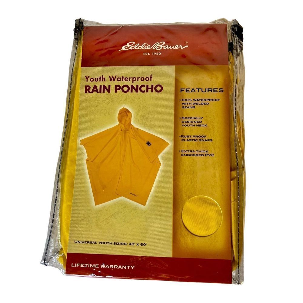 Eddie Bauer Youth Waterproof PVC Hooded Rain Poncho Unisex Yellow Childs Kid New
